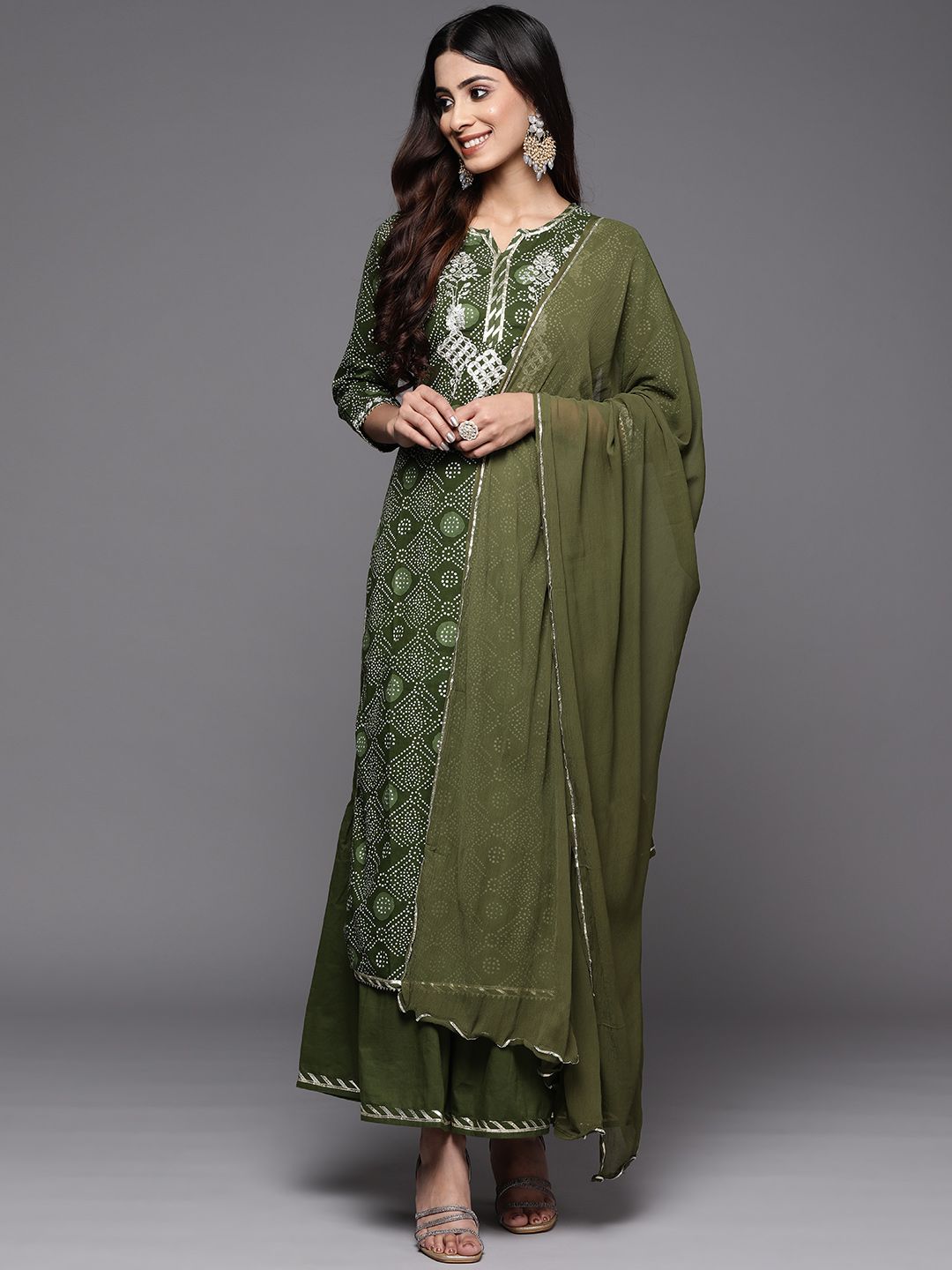 Women Green Bandhani Printed Thread Work Kurta with Sharara & With Dupatta