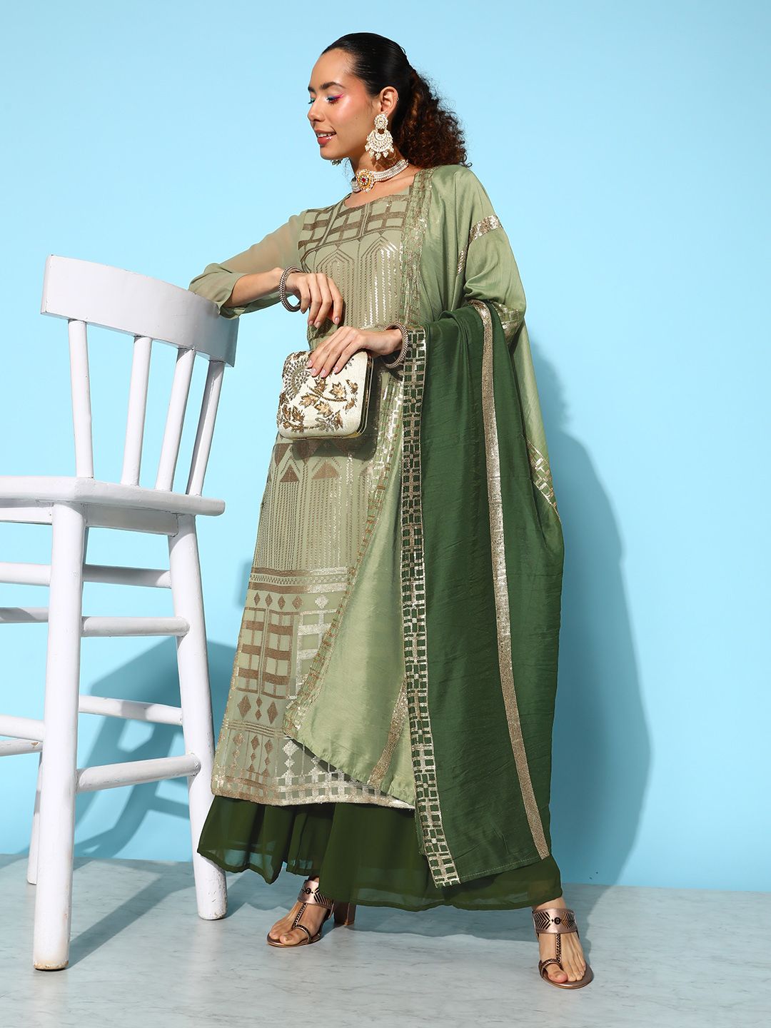 Indyancart VA Women's Green Embroidered Sequinned Kurta With Sharara & Dupatta