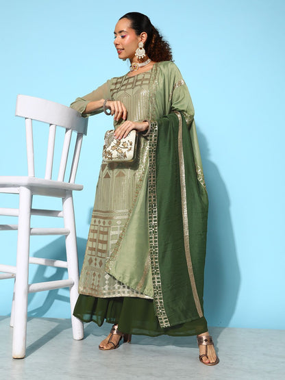 Indyancart VA Women's Green Embroidered Sequinned Kurta With Sharara & Dupatta