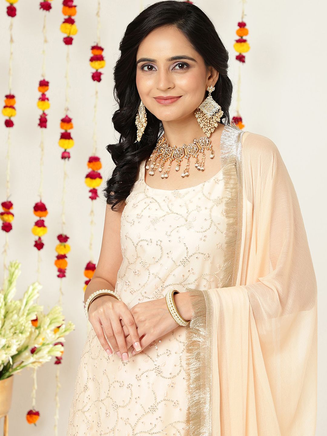 Indyancart VA Floral Embroidered Sequinned Straight Kurta & Sharara With Dupatta