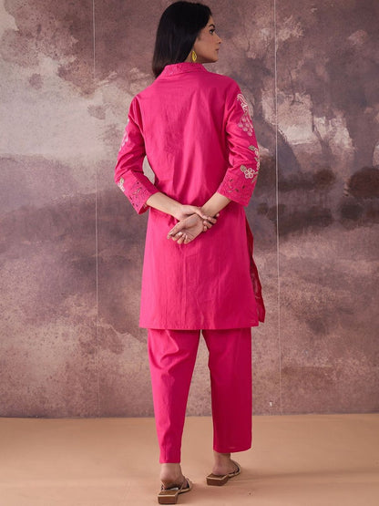 Floral Embroidered Thread Work Pure Cotton Kurta With Trouser