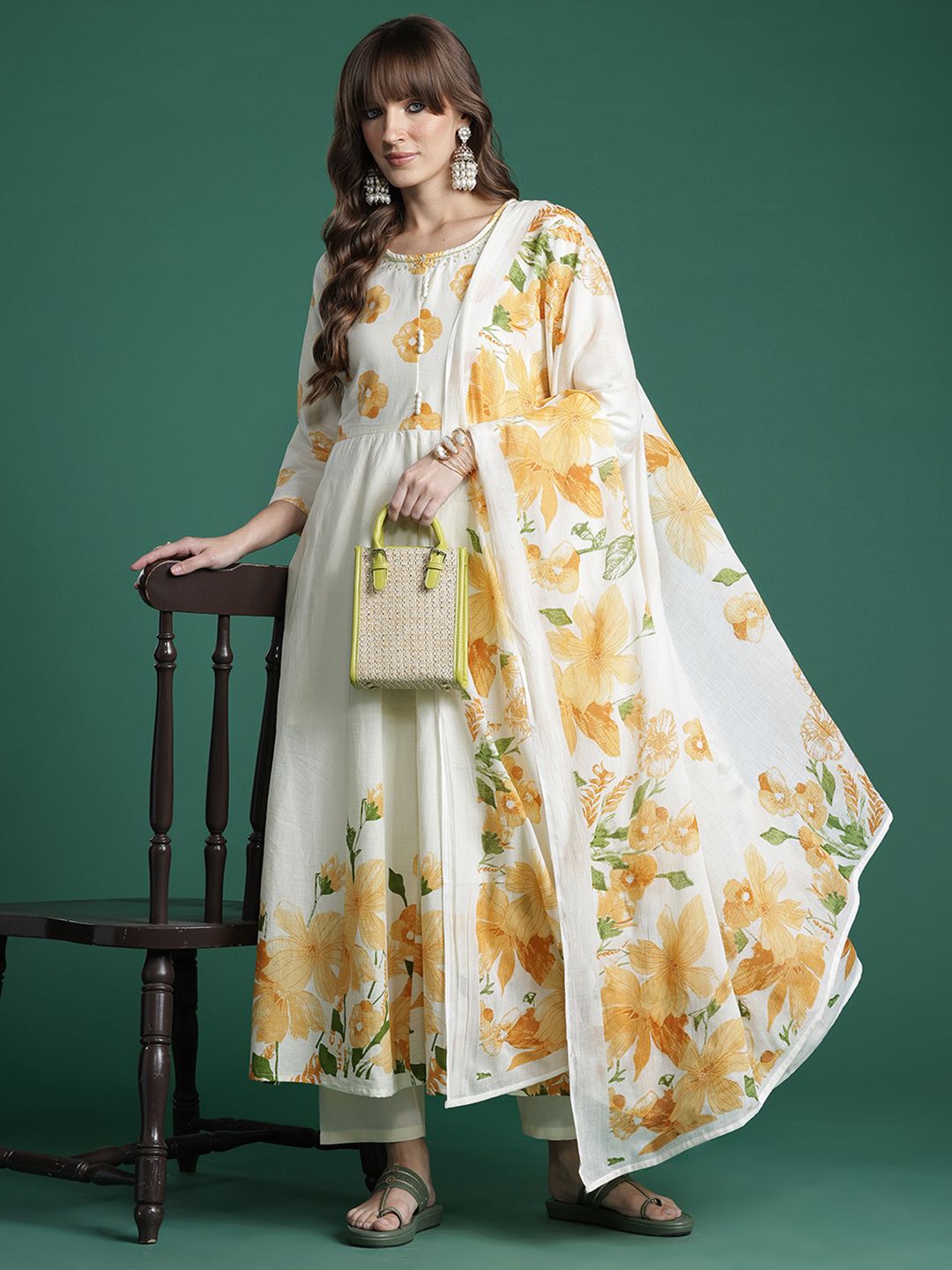 Floral Printed Empire Pure Cotton Kurta with Trousers & Dupatta