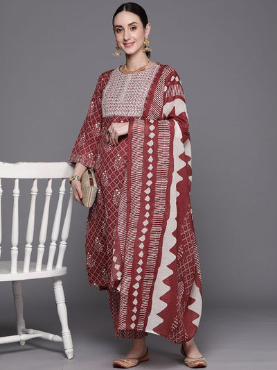 Indyancart IE Floral Printed Round Neck Three-Quarter Sleeves Pure Cotton Kurta Set