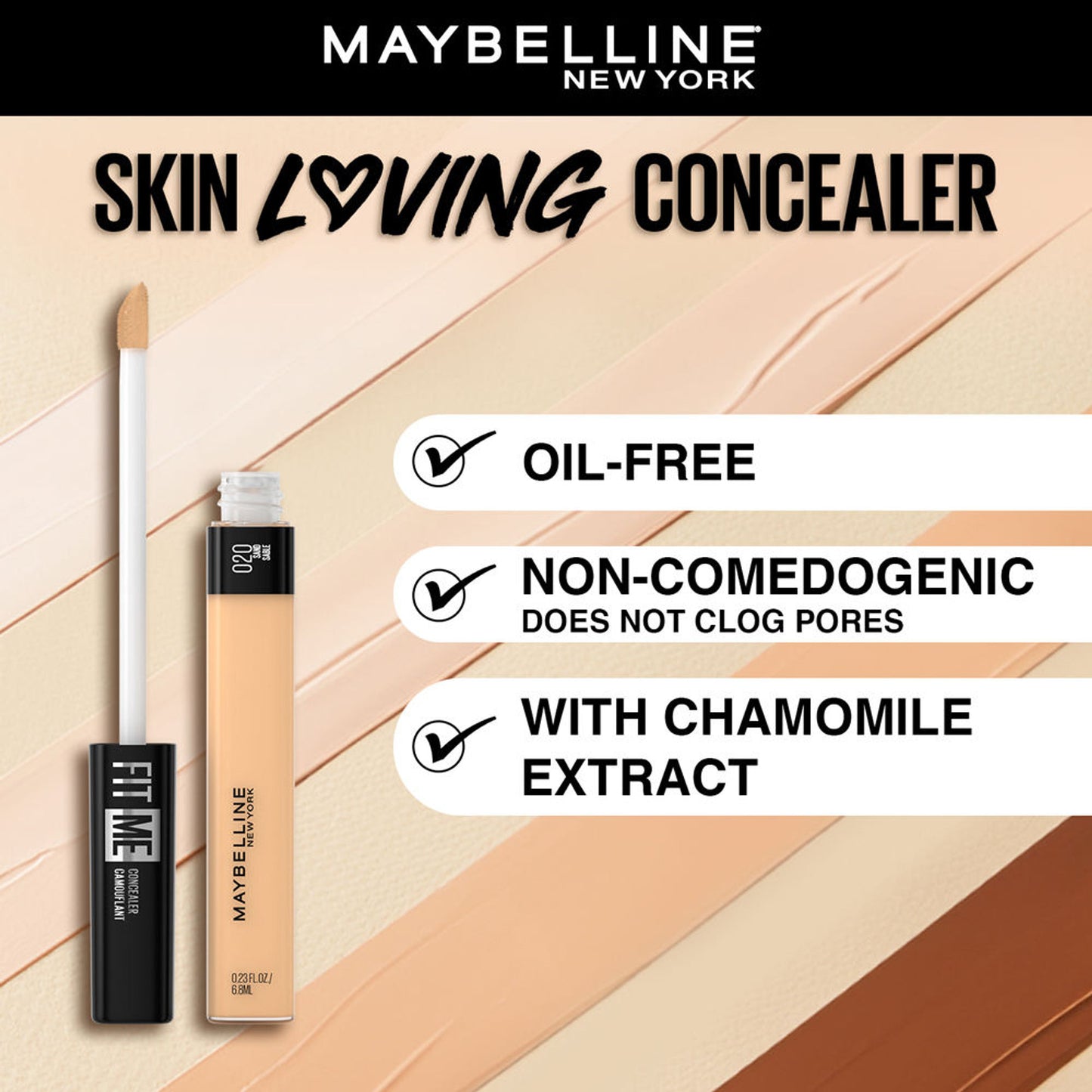 Maybelline New York Fit Me Concealer, Oil-free Liquid Concealer for Oily and Dry Skin - Fair - 20 Sand