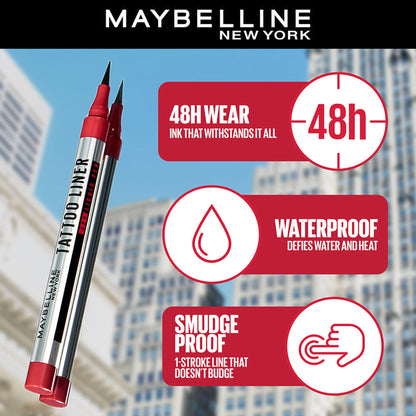 Maybelline New York High Impact Tattoo Pen Liner, Lasts Up To 48H - Black, Water & Smudge-proof