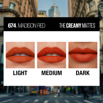 Maybelline Color Sensational Creamy Matte Lipstick, 12H Formula - 640 Red Liberation - 2 Madison Red