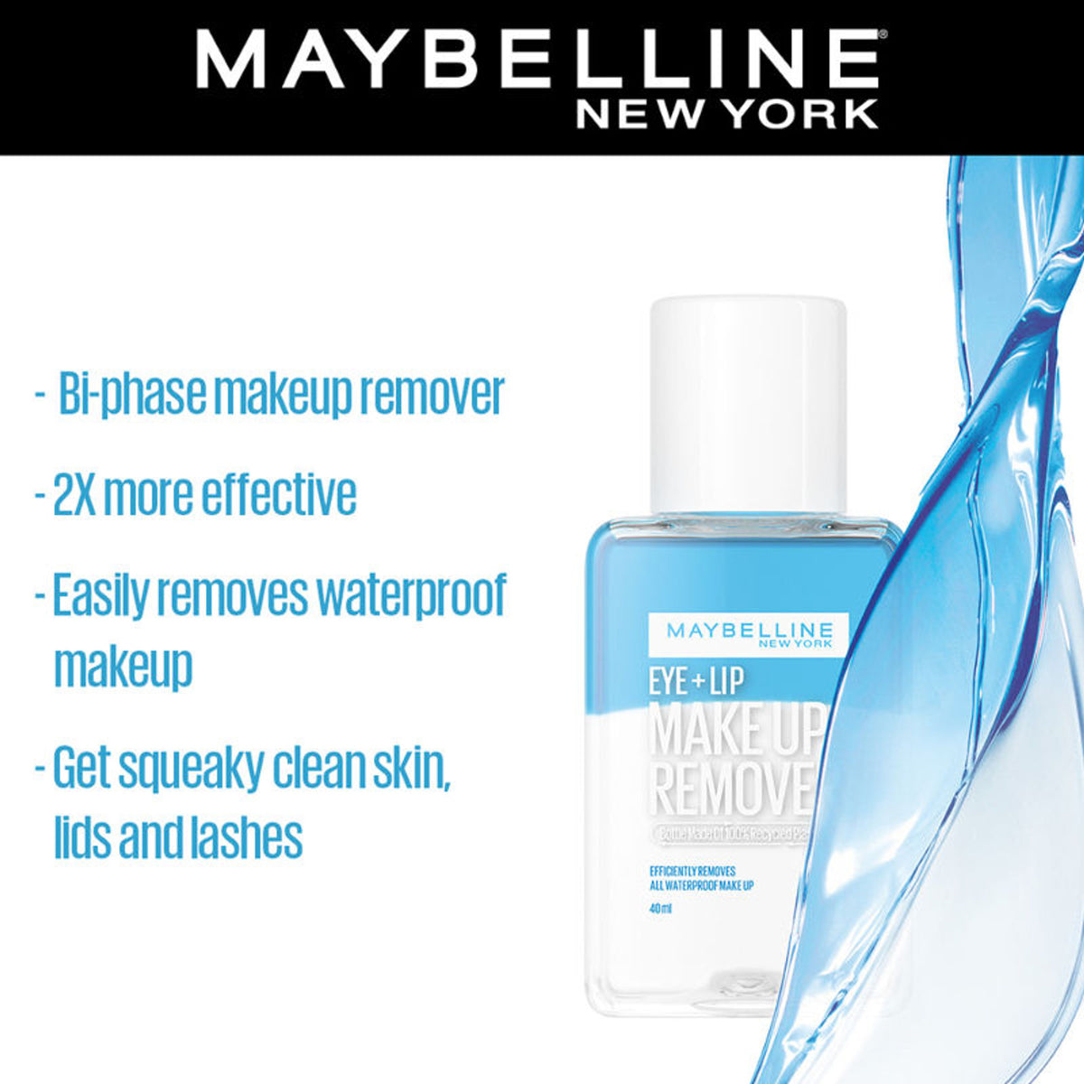 Maybelline New York Biphase Eye + Lip Makeup Remover for Waterproof Makeup, Fragrance-Free, 40ml