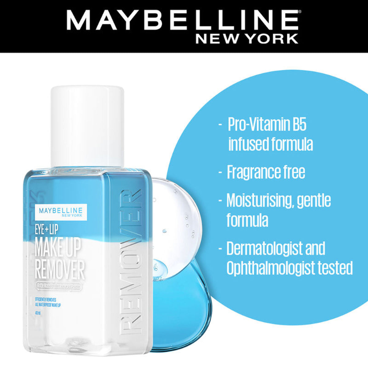 Maybelline New York Biphase Eye + Lip Makeup Remover for Waterproof Makeup, Fragrance-Free, 40ml