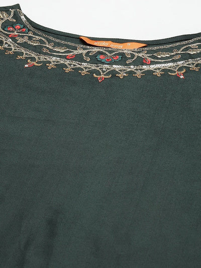 Indyancart IE Women Green Ethnic Motifs Regular Liva Kurta with Trousers & Dupatta