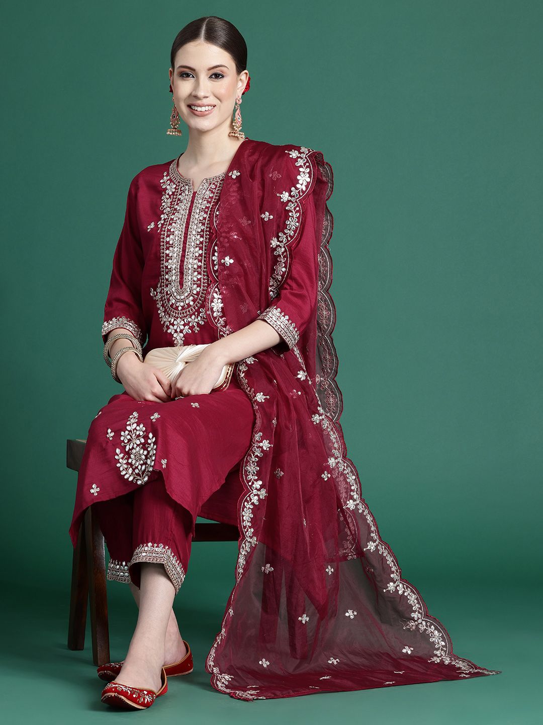 Indyancart IE Ethnic Motifs Embroidered Gotta Patti Kurta With Trousers & Dupatta