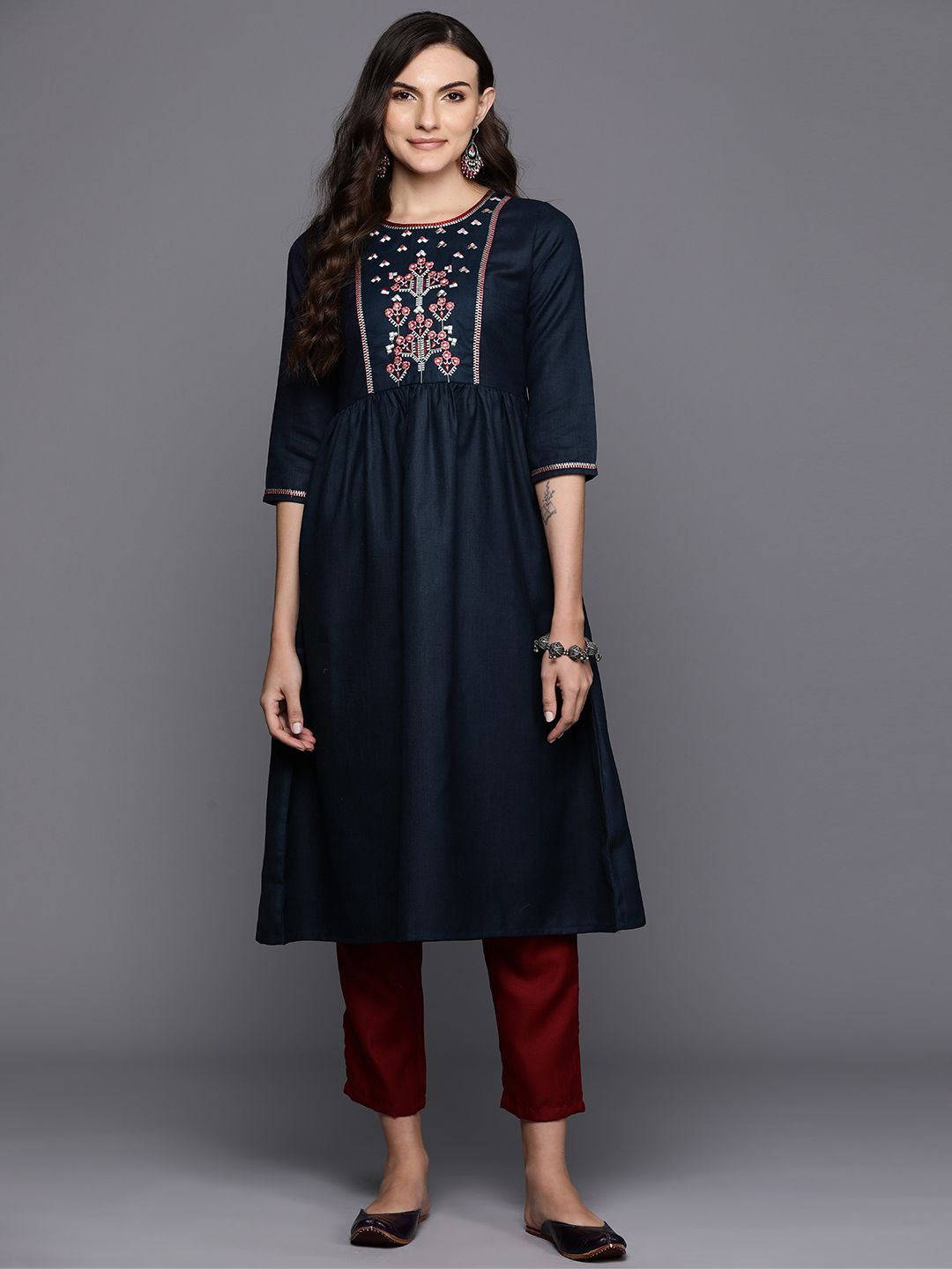 Dhiyona IE Floral Embroidered Gathered Detail Empire Style A-Line Kurta