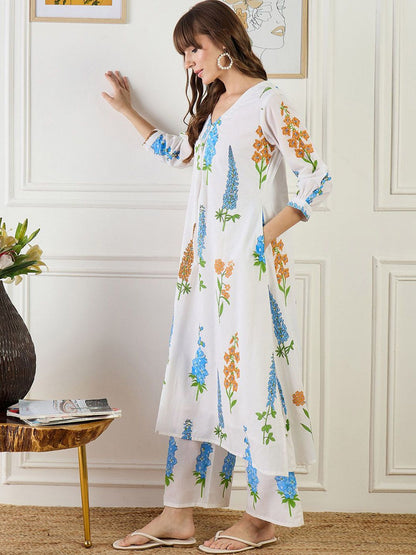 Floral Printed A-Line Pure Cotton Kurta With Trouser