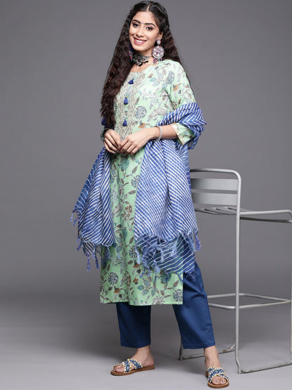 Indyancart VA Women's Blue Pure Cotton Floral Printed Sequinned Kurta with Trousers & With Dupatta