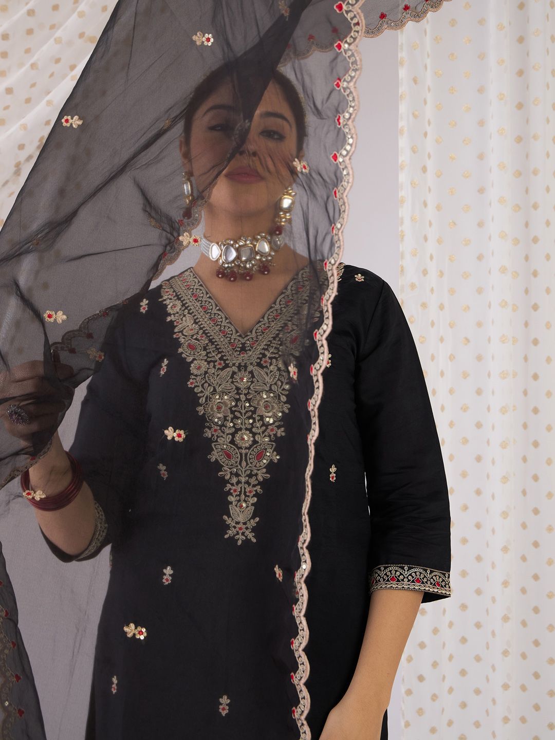 Indyancart IE Floral Embroidered V-Neck Zari Straight Kurta With Trouser And Dupatta
