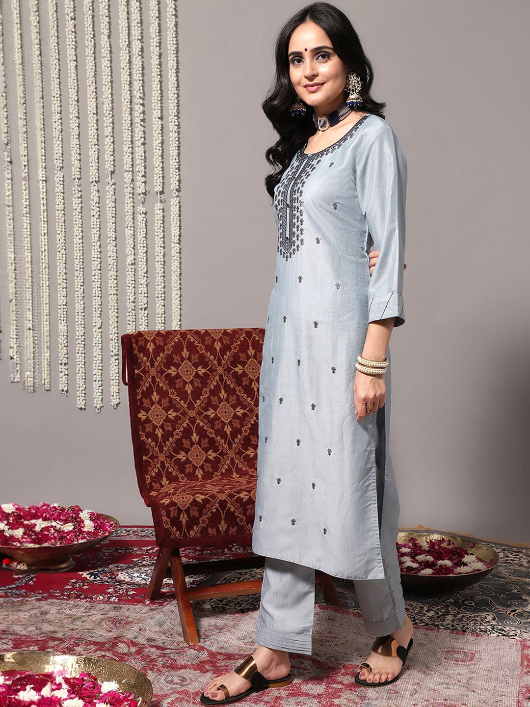 Indyancart VA Women's Sequinned Kurta with Trousers & With Dupatta