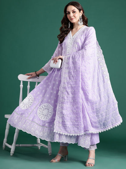 Ethnic Motifs Embroidered Thread Work Pure Cotton Kurta With Trousers & Dupatta