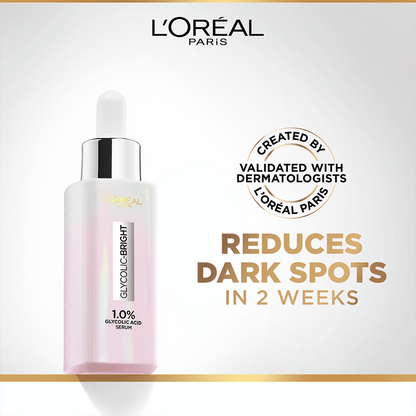 L'Oreal Paris Glycolic Acid skincare kit including cleanser, serum, moisturizer, and sunscreen for glowing, protected skin
