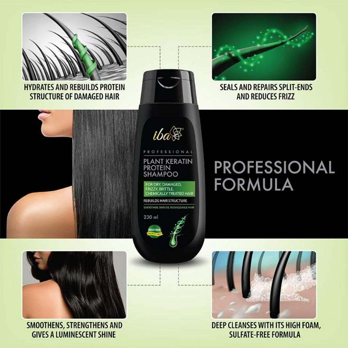 Iba Professional Plant Keratin Protein Shampoo High Foaming Formula For Dry Frizzy Damaged Hair