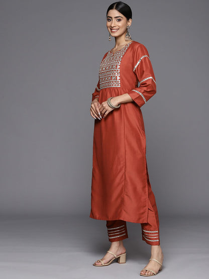 Dhiyona VA Women'sMirror Work Yoke Design Straight Kurta with Trousers & Dupatta