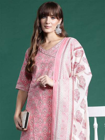 Dhiyona IE Ethnic Motifs Printed Angrakha Pure Cotton Kurta With Trousers & Dupatta