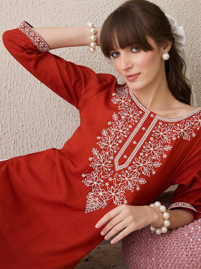 Indyancart IE Floral Yoke Design Thread Work Cotton Straight Kurta