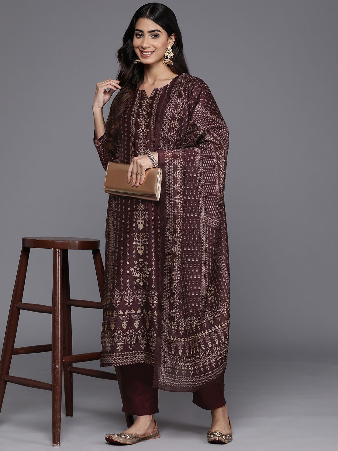 Indyancart VA Women'sEthnic Motifs Printed Sequinned Chanderi Silk Kurta with Trousers & Dupatta