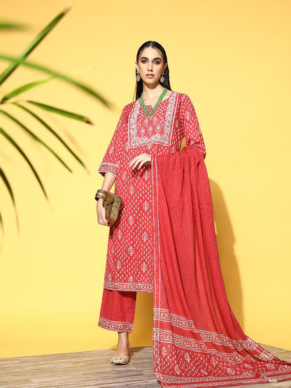 Indyancart IE Women Coral Ethnic Motifs Printed Gotta Patti Kurta with Palazzos & With Dupatta