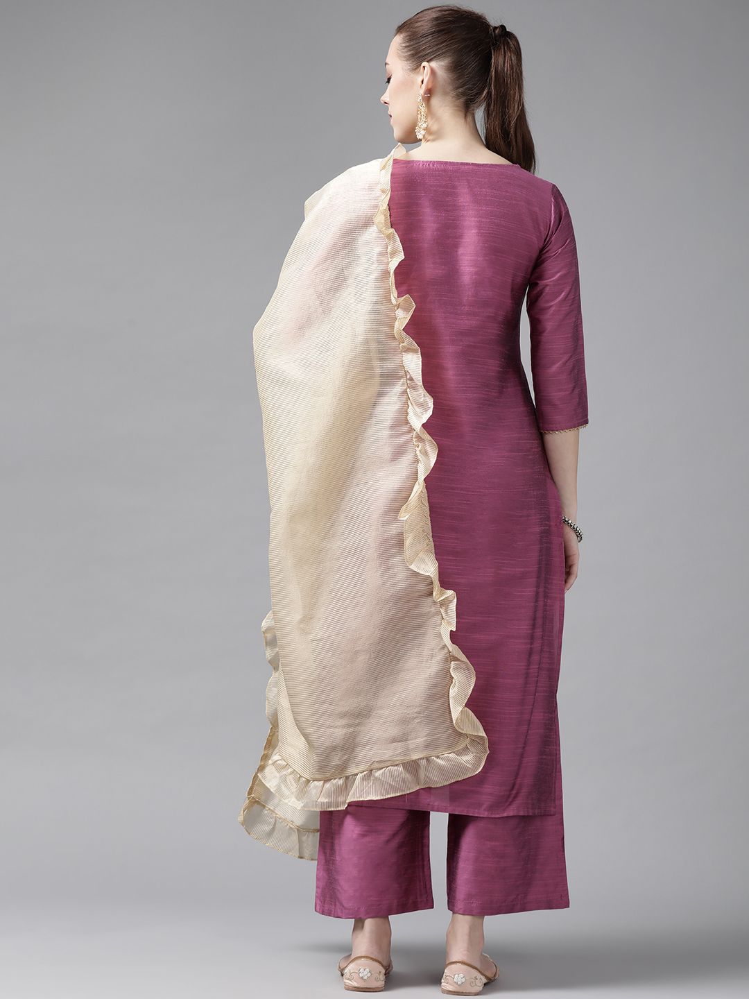 Dhiyona IE Women Pink & Golden Ethnic Motifs Yoke Design Kurta with Palazzos & With Dupatta
