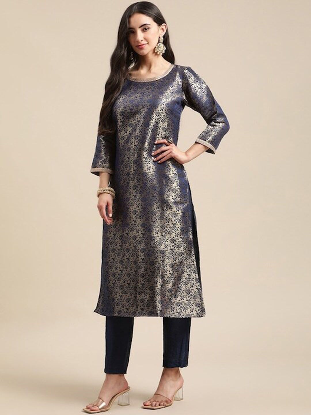 Indyancart VA Women's Blue & Gold Floral Brocade Gotta Patti Straight Winter Kurta with Trousers