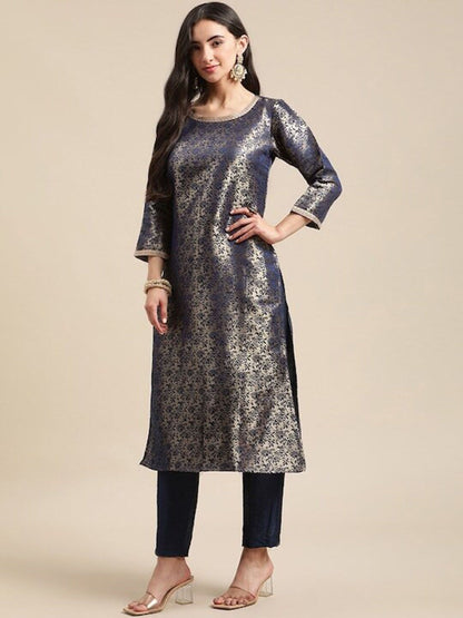 Indyancart VA Women's Blue & Gold Floral Brocade Gotta Patti Straight Winter Kurta with Trousers