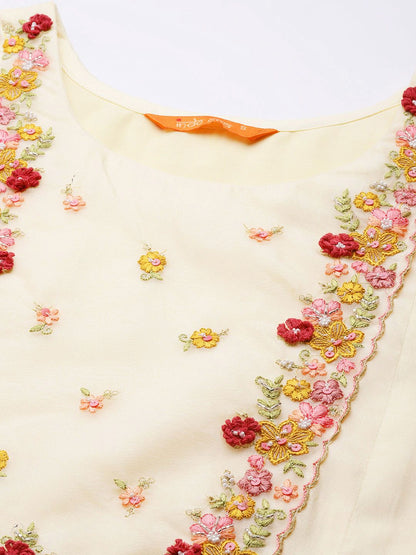 Dhiyona IE Women Cream-Coloured Floral Embroidered Thread Work Chanderi Cotton Kurta with Trousers & With