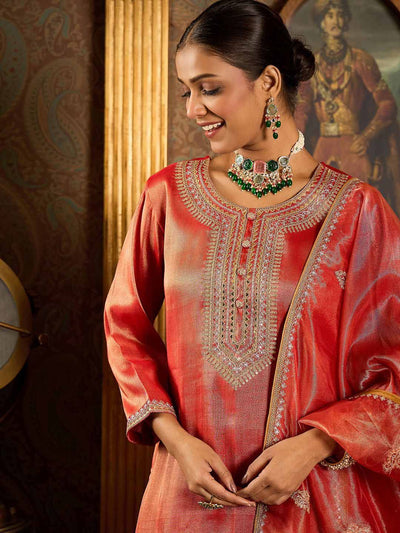 Indyancart IE Ethnic Motifs Embroidered Zari Liva Kurta With Trousers & Dupatta
