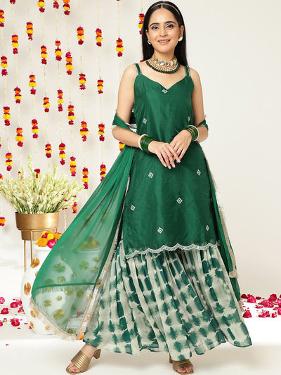 Indyancart VA Women'sEthnic Motifs Embroidered Sleeveless Kurta & Sharara With Dupatta