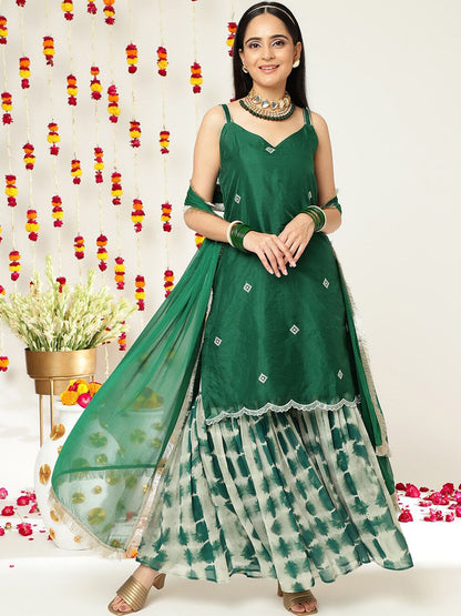 Indyancart VA Women'sEthnic Motifs Embroidered Sleeveless Kurta & Sharara With Dupatta