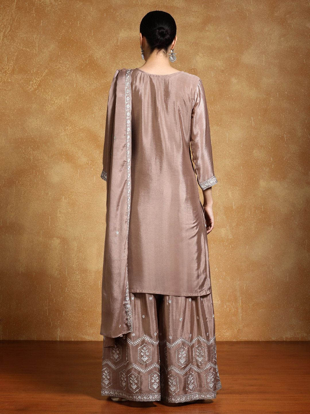Indyancart VA Floral Yoke Design Zari Straight Kurta With Sharara And Dupatta