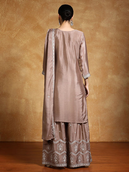 Indyancart VA Floral Yoke Design Zari Straight Kurta With Sharara And Dupatta