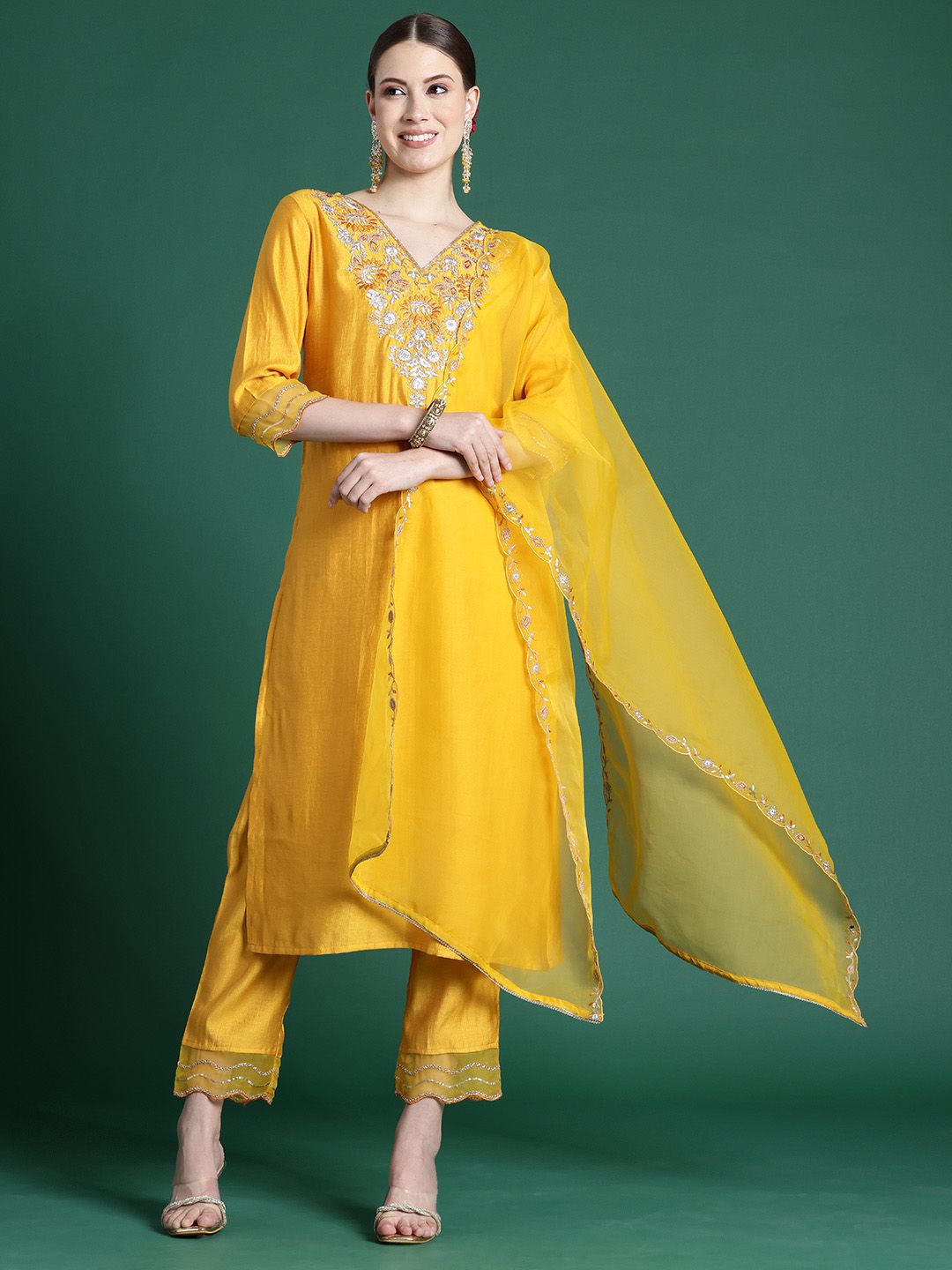 Indyancart IE Floral Embroidered Thread Work Liva Kurta With Trousers & Dupatta