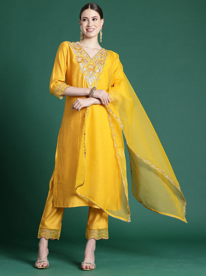 Indyancart IE Floral Embroidered Thread Work Liva Kurta With Trousers & Dupatta
