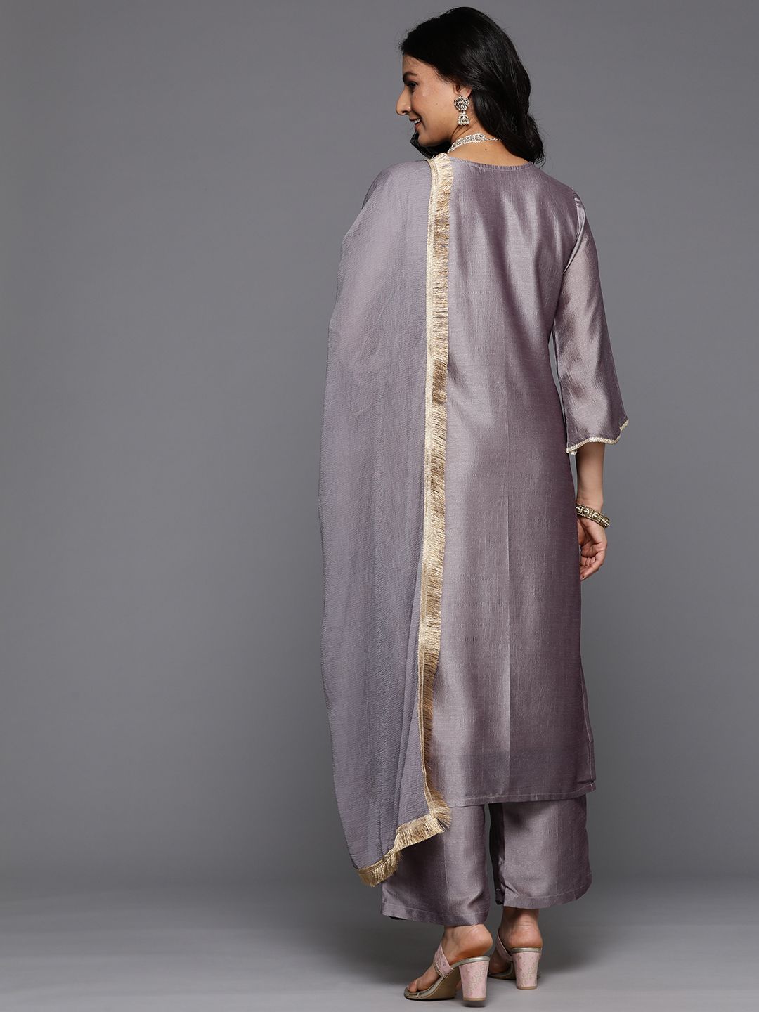 Indyancart VA Ethnic Motifs Embroidered Zari Kurta With Palazzos & Dupatta