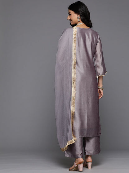 Indyancart VA Ethnic Motifs Embroidered Zari Kurta With Palazzos & Dupatta