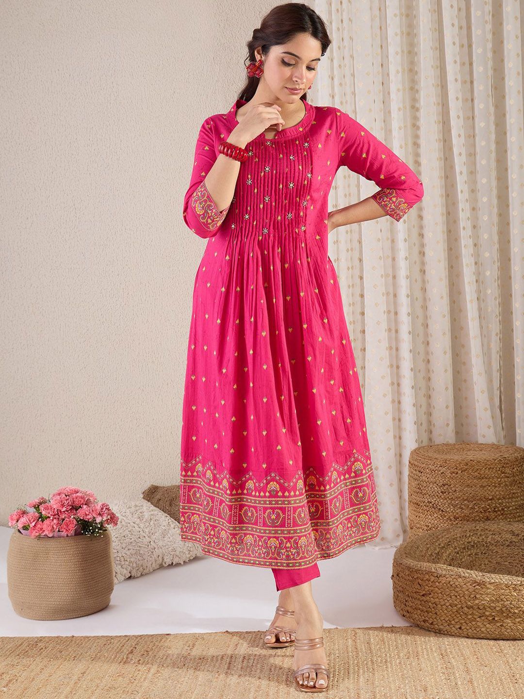 Indyancart IE Floral Printed Pure Cotton Round Neck A-Line Tunic With Trousers Co-Ords