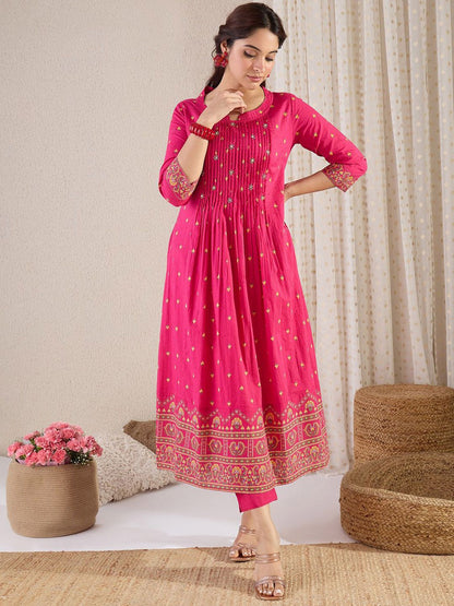 Indyancart IE Floral Printed Pure Cotton Round Neck A-Line Tunic With Trousers Co-Ords