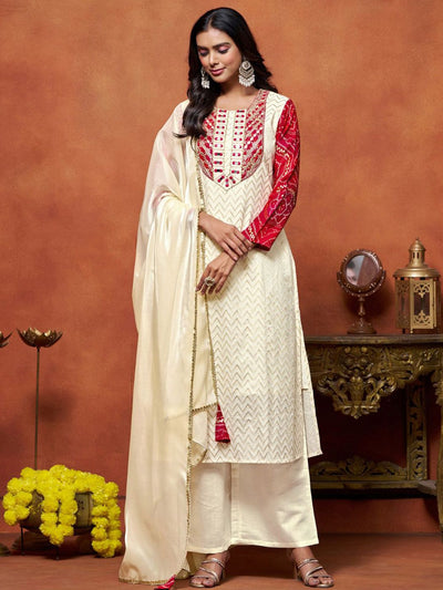 Indyancart SN Women's Ethnic Motifs Printed Pure Cotton Kurta with Palazzo & Dupatta