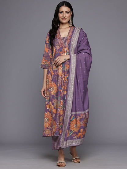 Dhiyona VA Women'sEthnic Floral Printed Sequinned Kurta With Trousers & Dupatta