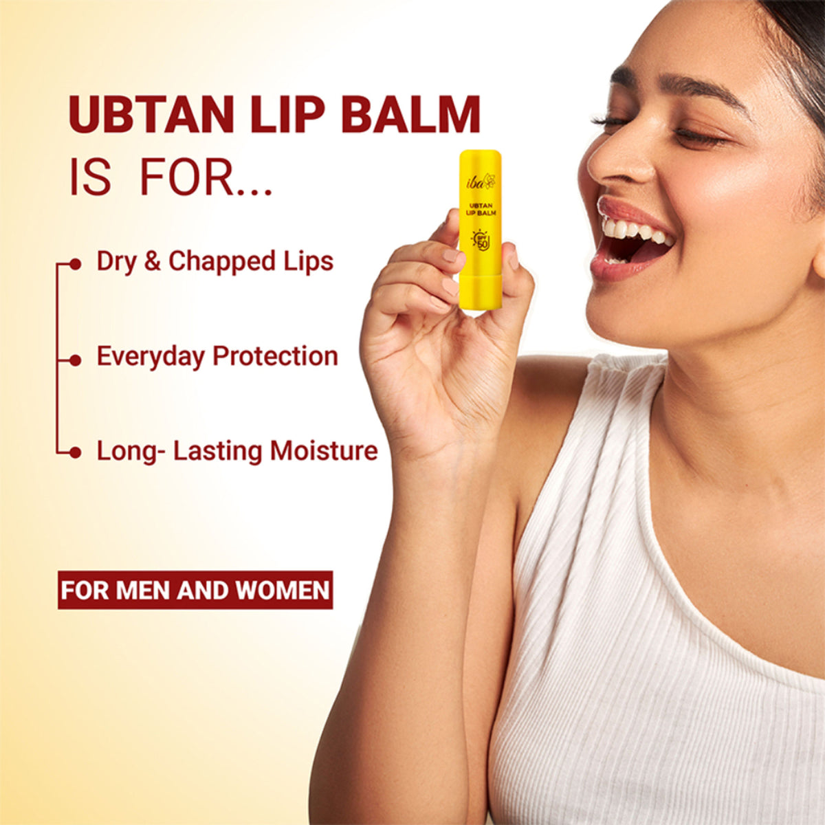 Iba Ubtan Lip Balm SPF 50 with natural ingredients, shown in a sleek tube with a white cap, designed for nourishing and protecting lips.