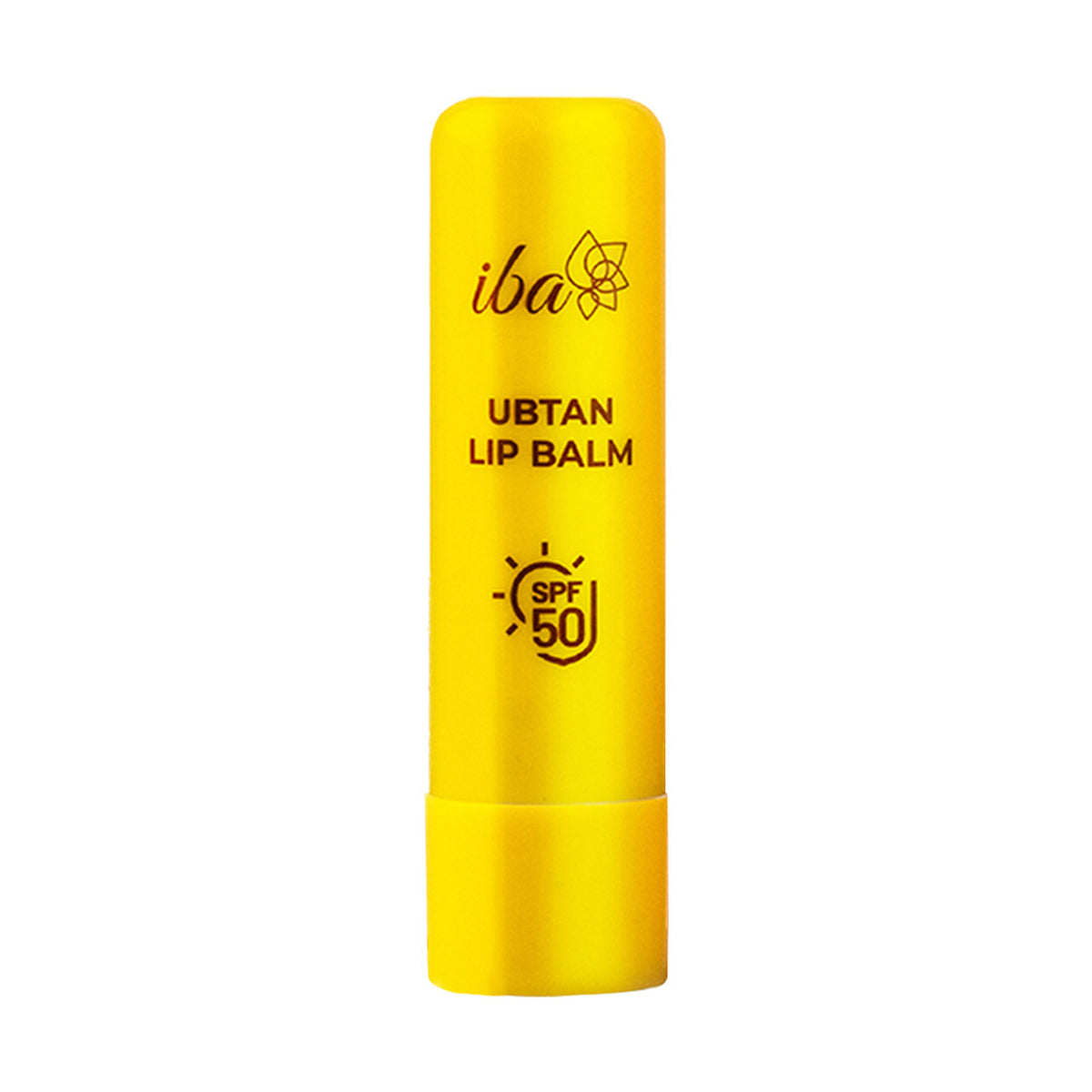 Iba Ubtan Lip Balm SPF 50 in a sleek tube, with natural herbal ingredients visible on the packaging.