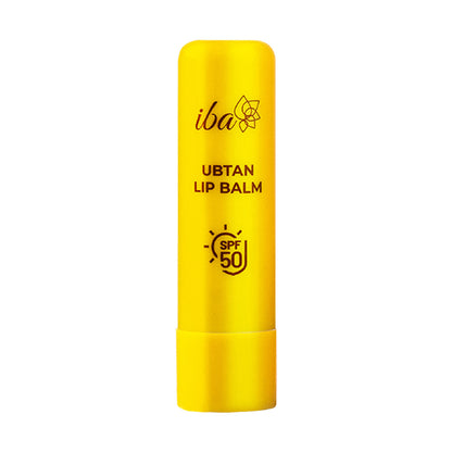 Iba Ubtan Lip Balm SPF 50 in a sleek tube, with natural herbal ingredients visible on the packaging.