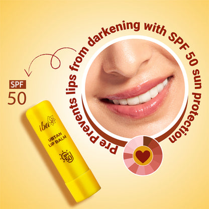 Iba Ubtan Lip Balm SPF 50 in a sleek tube, displayed with the cap off showing the balm inside, promoting sun protection for lips.