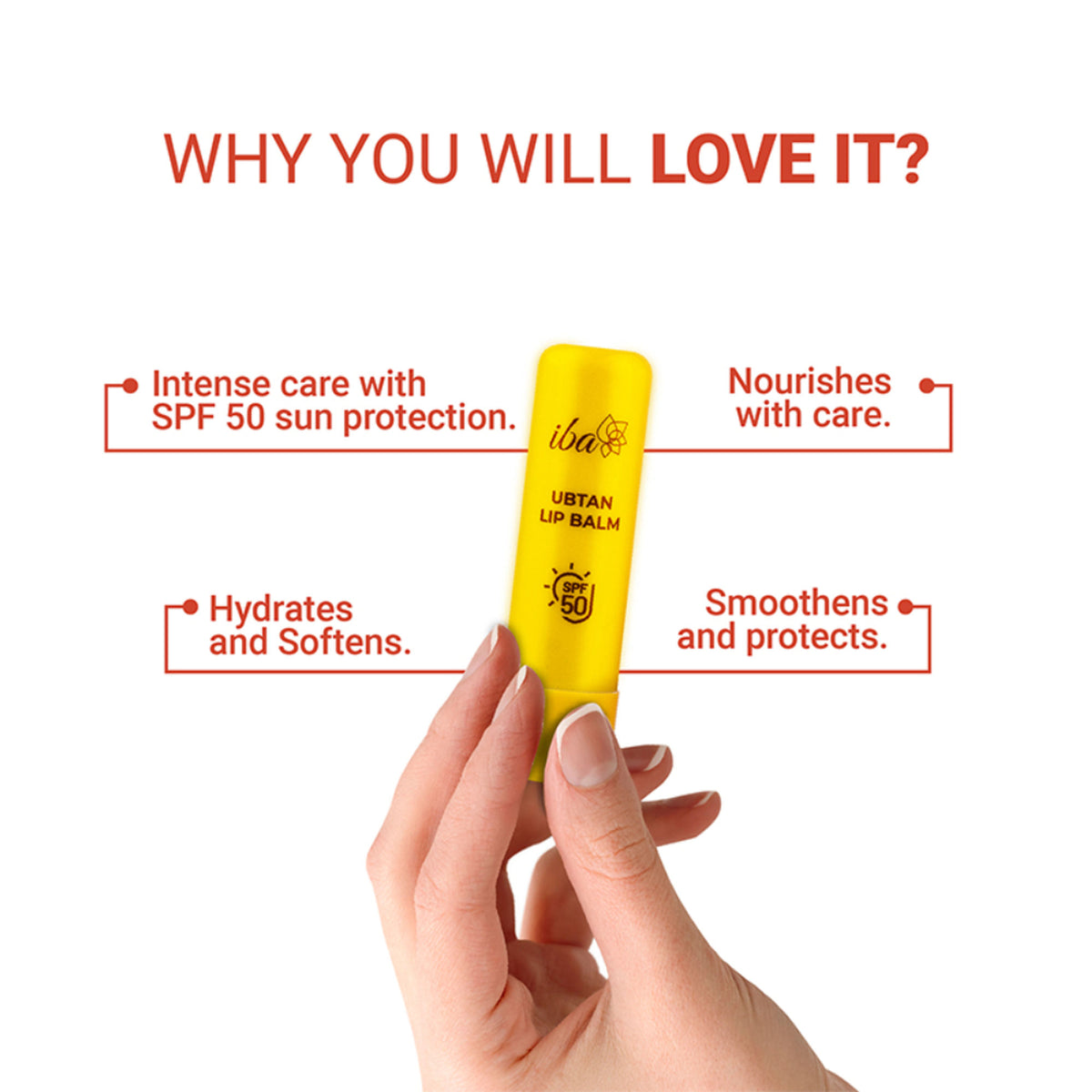 Iba Ubtan Lip Balm SPF 50 in a sleek tube, featuring natural ingredients and designed to protect and nourish lips.