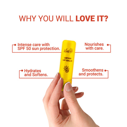 Iba Ubtan Lip Balm SPF 50 in a sleek tube, featuring natural ingredients and designed to protect and nourish lips.